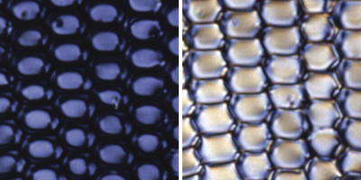 How liquid crystals switch light on and off. In one orientation, polarized light cannot pass through the crystals so they appear dark (left side photo). In a different orientation, polarized light passes through okay so the crystals appear bright (right side photo).